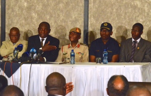 On Oct. 23, Ramaphosa announced the "three chiefs" would be sent on a "wonderful leave of absence" - presumably, not together: Kamoli, Tsooana, Mahao. PM Thabane, to Ramaphosa's right, again looked like a man defeated. (Photo: mjj)