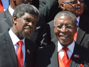Former Prime Minister Pakalitha Mosisili (right), and his #2, Monyane Moleleki, a former Minister of Natural Resources accused of fixing diamond contracts, aim to oust Thabane in Feb. 28 elections. Then, likely sweep away all related criminal cases. (Photo: mjj)